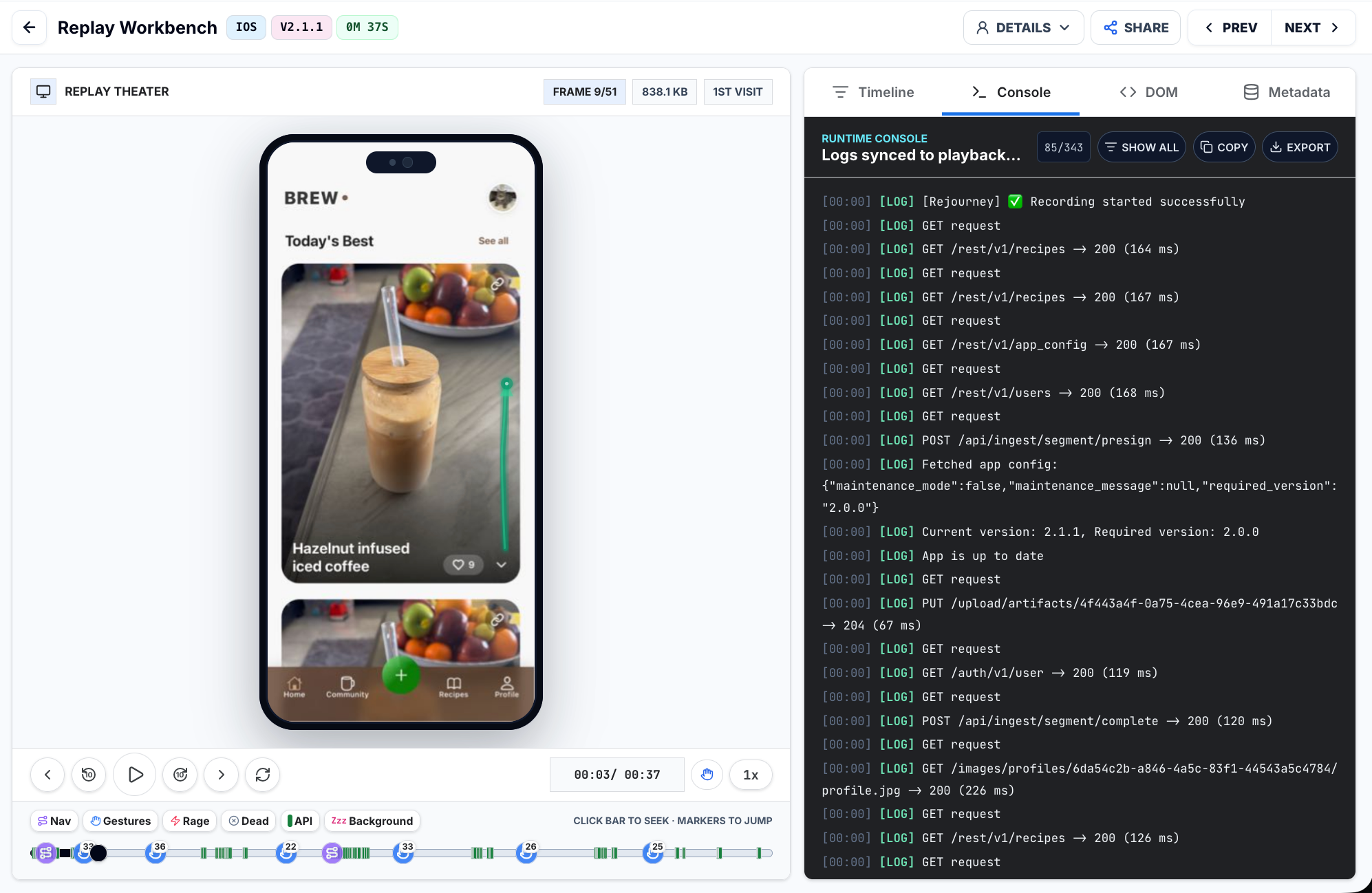 Rejourney Replay Workbench showing a captured iOS session with synchronized console and network evidence