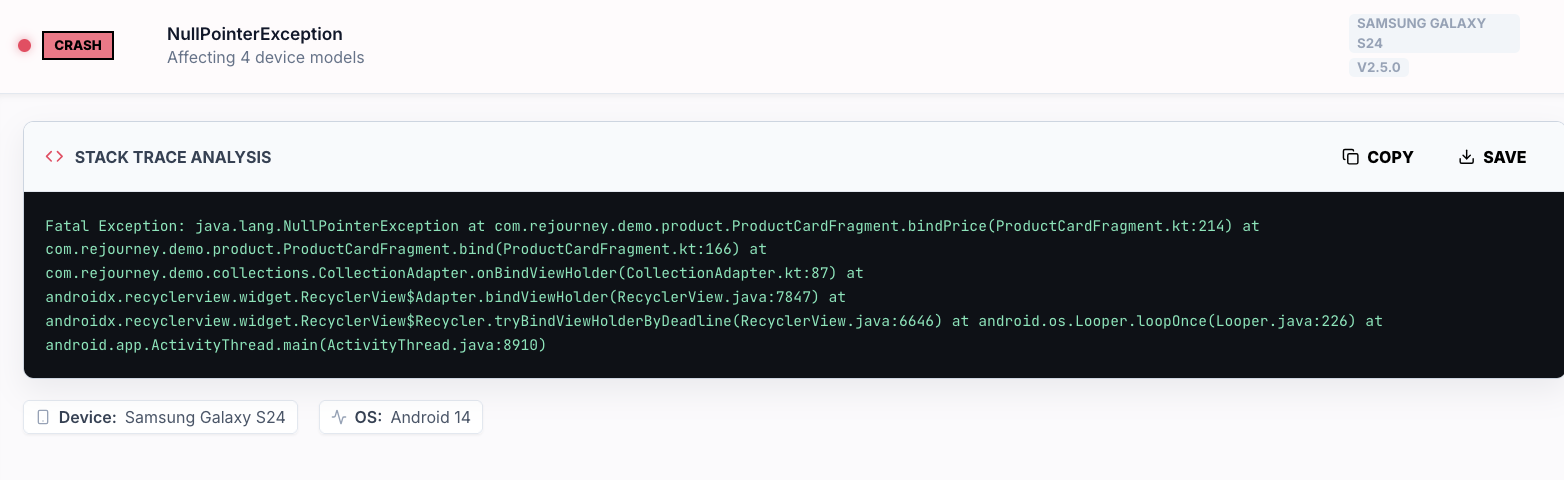 Rejourney crash detail showing a stack trace tied to affected product context