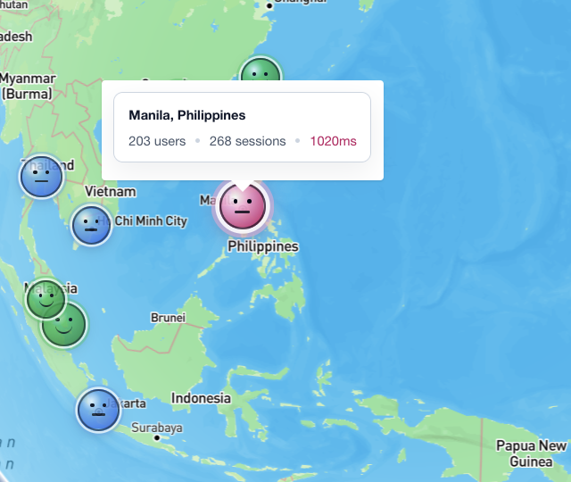 Rejourney map view showing regional session health, user counts, session counts, and latency in Manila
