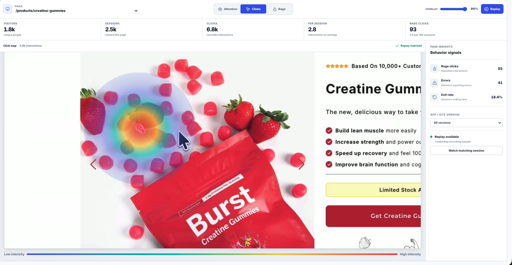 Rejourney heatmap workspace showing a product page with interaction density