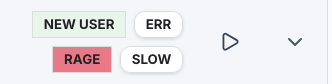 Session issue tags showing new user, error, rage, and slow signals beside a replay control