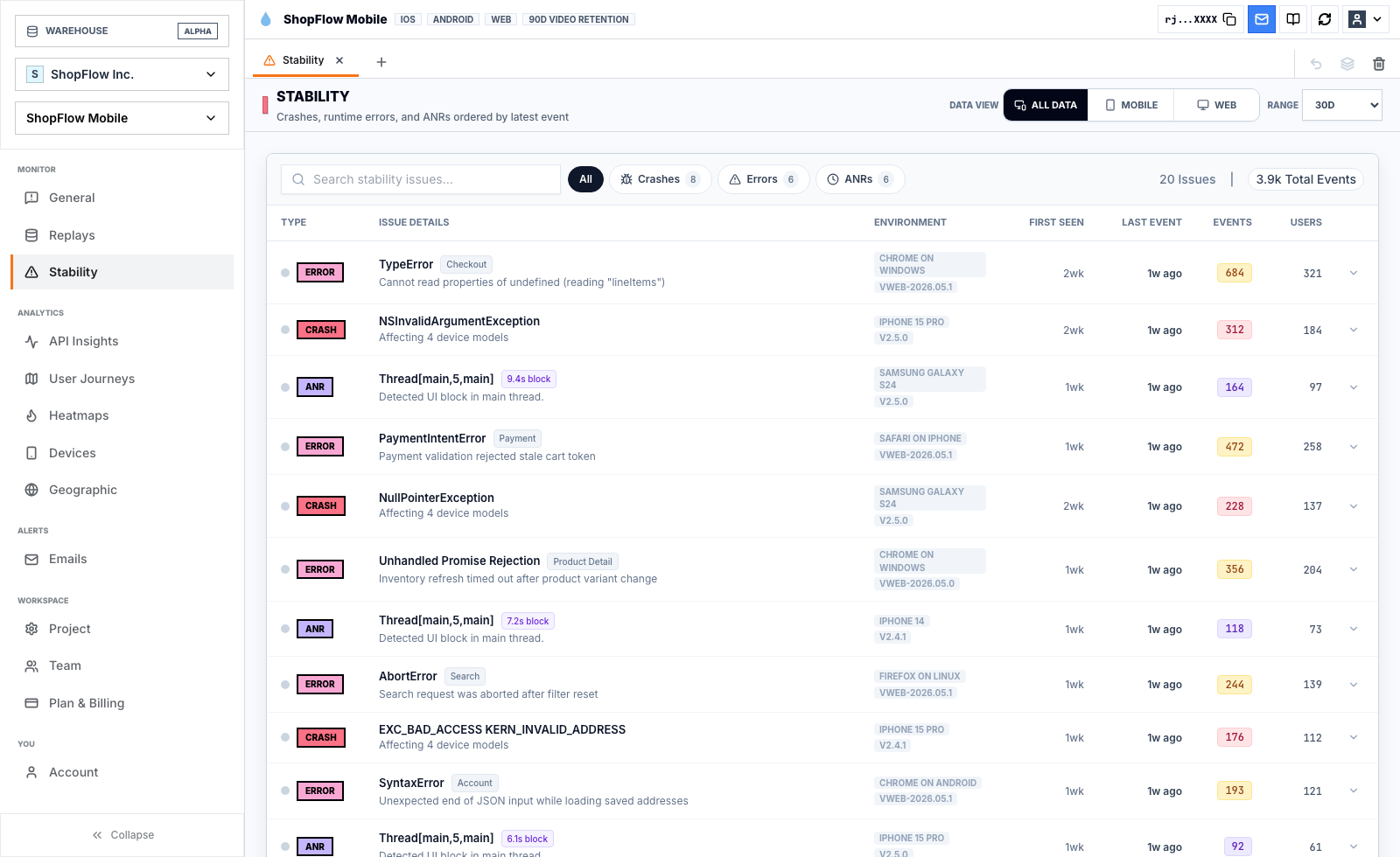 Rejourney live demo stability dashboard showing crashes, errors, ANRs, affected environments, events, and users