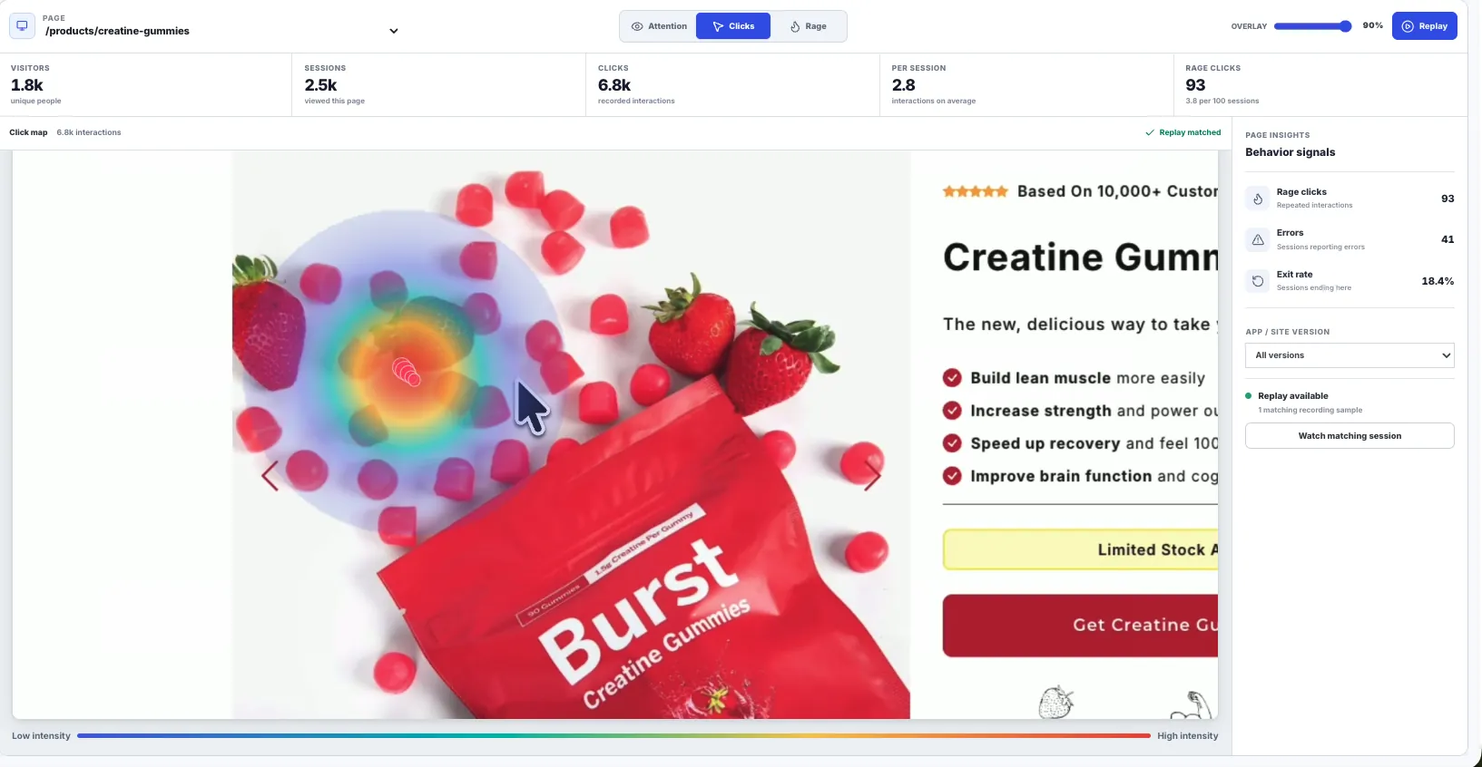 Rejourney heatmap workspace showing a product page with interaction density