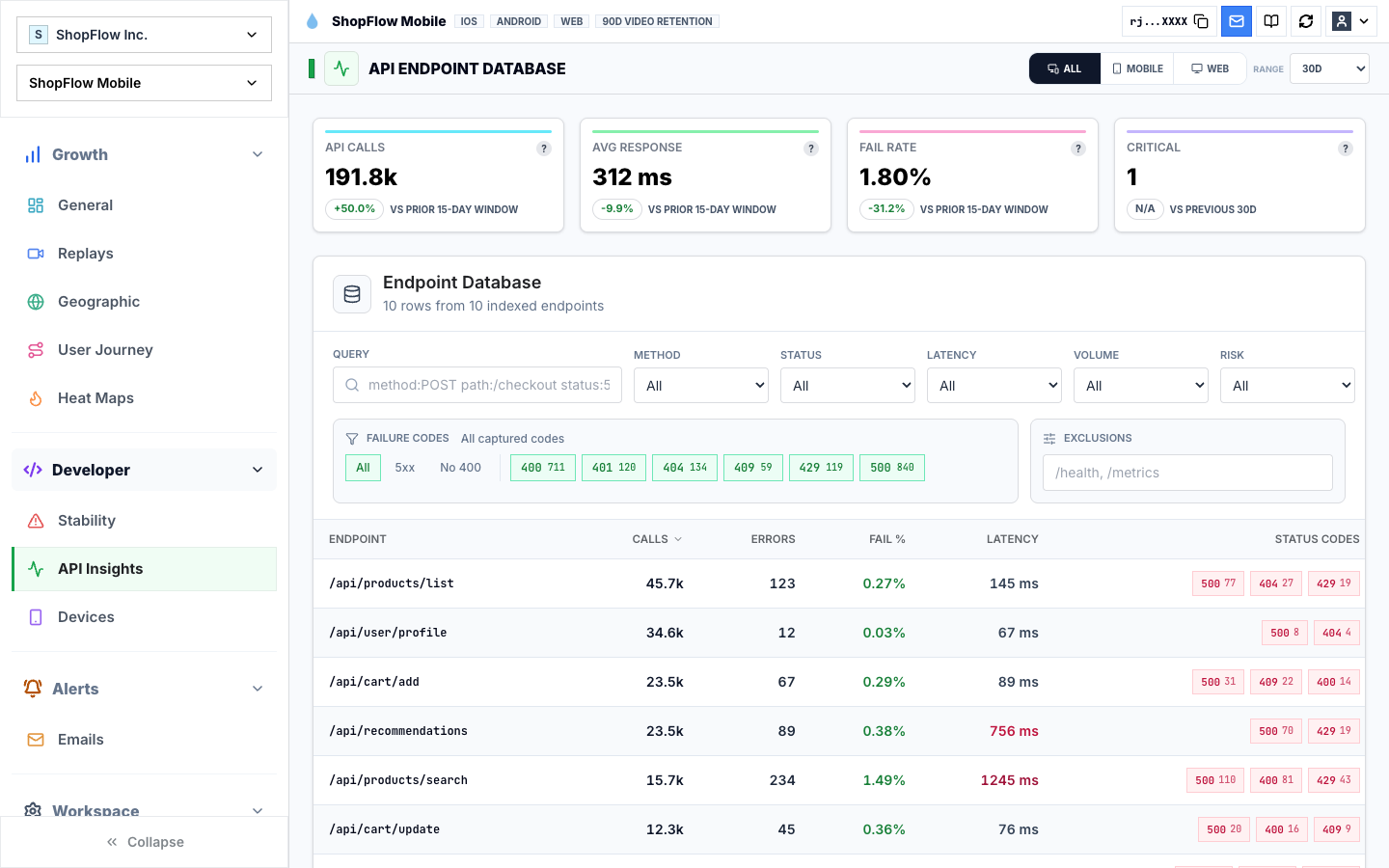 Rejourney API endpoint insights dashboard with endpoint risk latency and failure codes