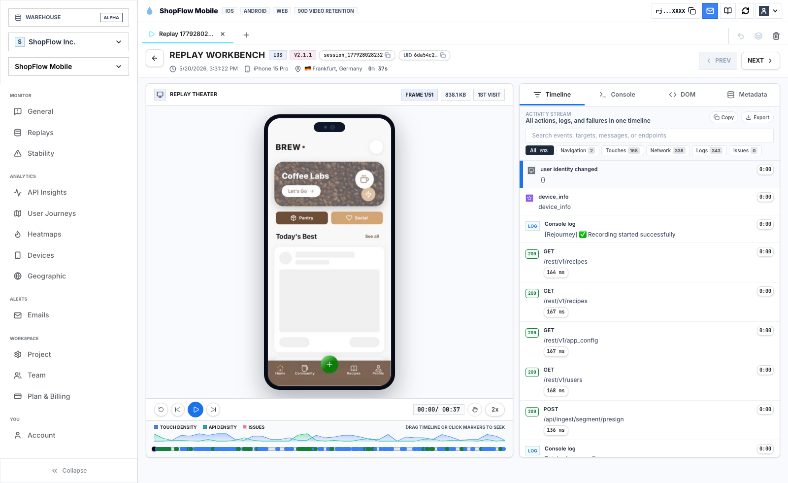 Rejourney live demo replay workbench showing a mobile session, event timeline, API calls, and user context