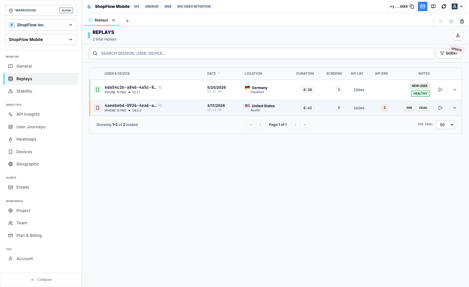 Rejourney live demo replay list showing recorded sessions, devices, locations, duration, API latency, errors, and session tags