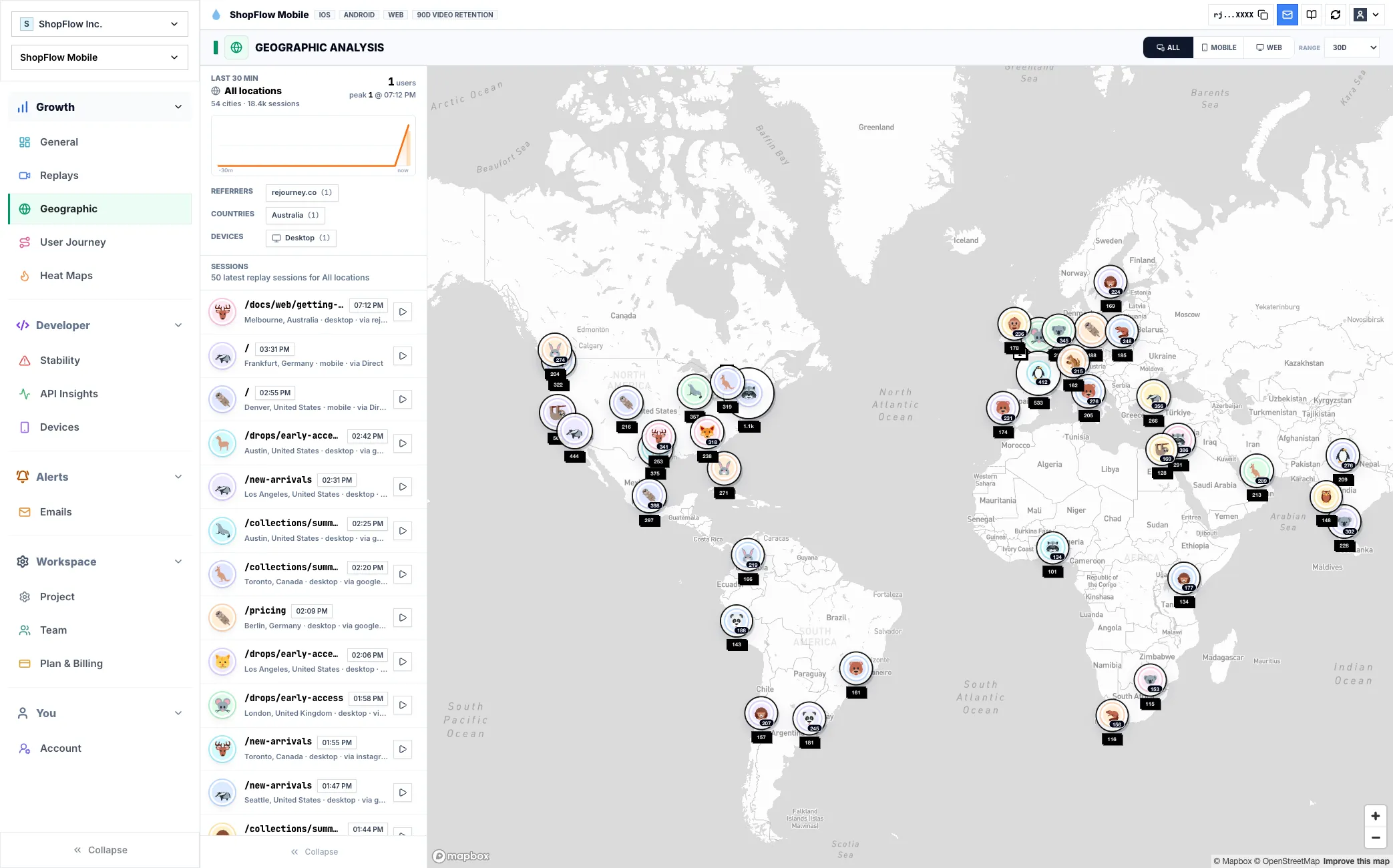 Rejourney geographic analytics map showing session sentiment by region