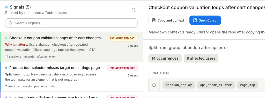 Rejourney issue detection feed showing ranked leaks list