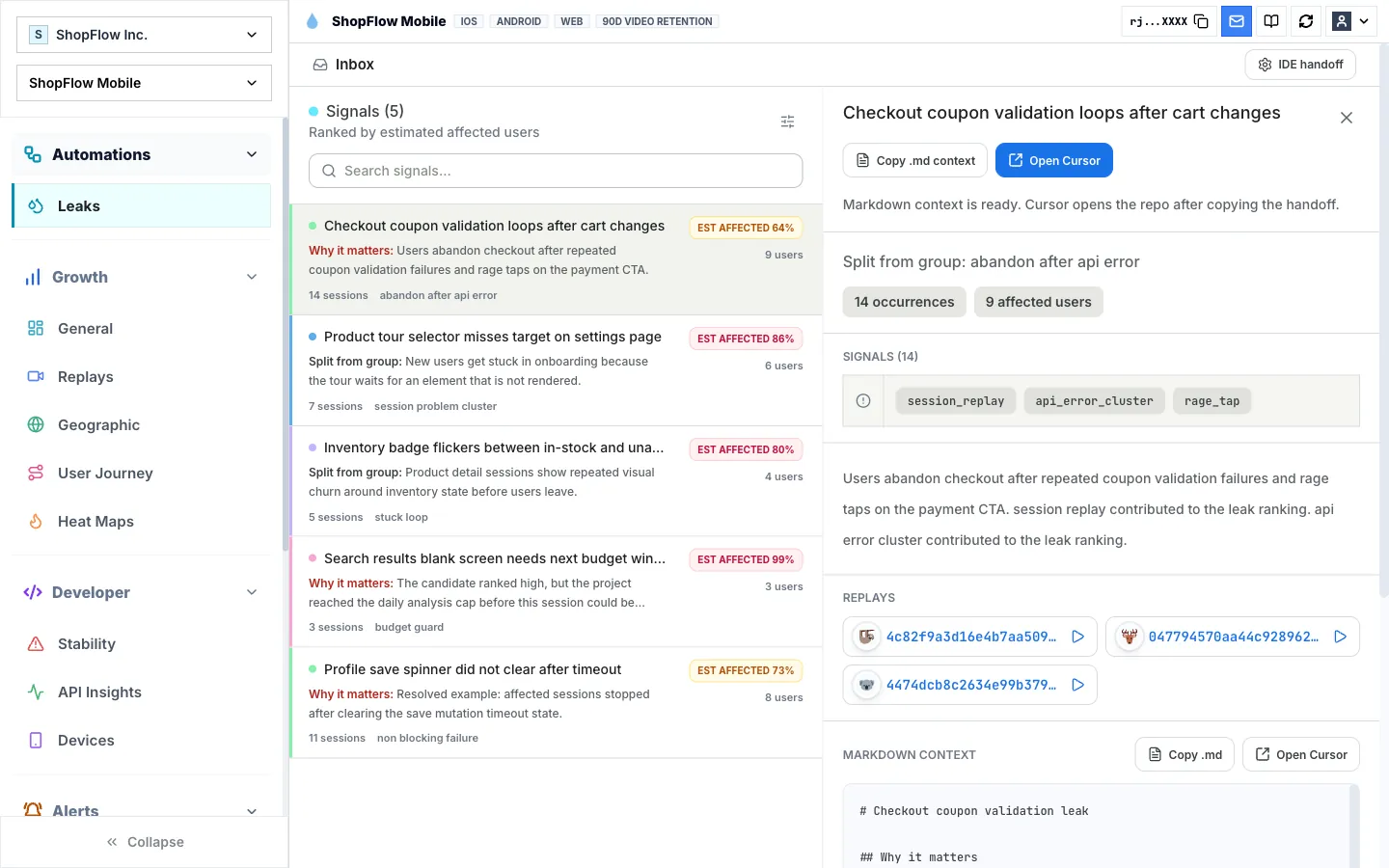 Rejourney Markdown context handoff showing Copy md and Open Cursor options
